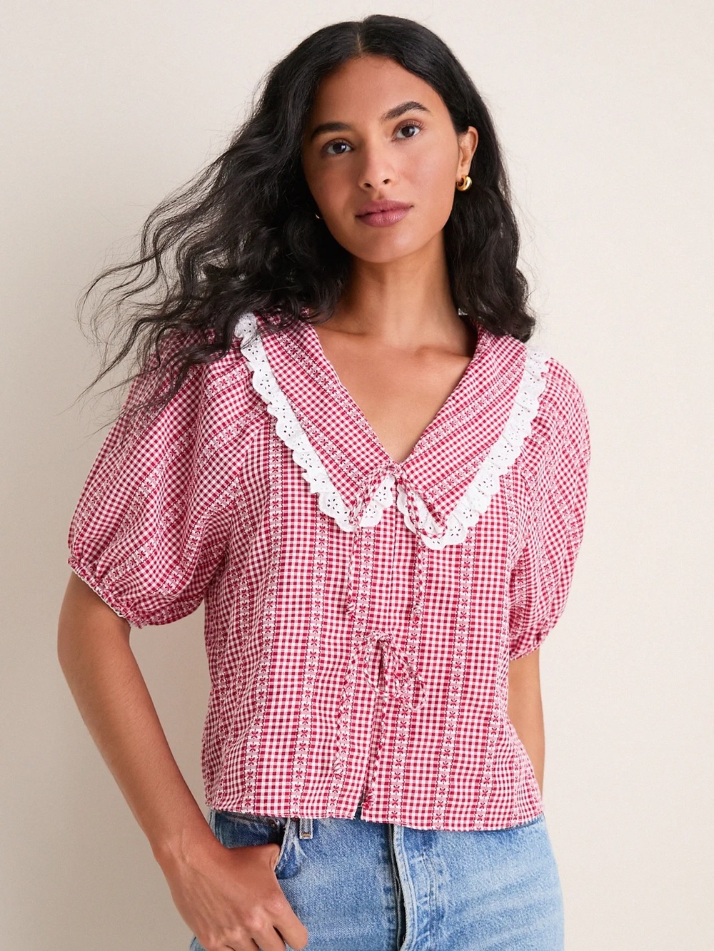 Saylor Toto Red Gingham Floral Blouse Tuckernuck size S